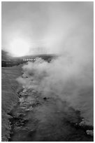 Oulet stream of hot springs and steam at sunrise. Chena Hot Springs, Alaska, USA (black and white)