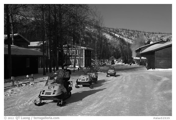 Snowmobiles and resort. Chena Hot Springs, Alaska, USA (black and white)