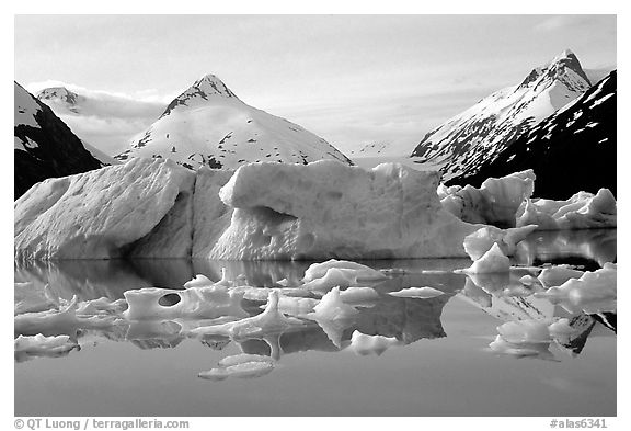 Portage Lake, with icebergs and mountain reflections. Alaska, USA (black and white)