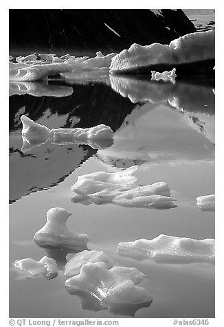 Floating ice and mountain reflections, Portage Lake. Alaska, USA (black and white)