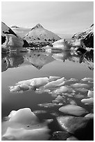 Floating ice in Portage Lake with mountain reflections. Alaska, USA (black and white)