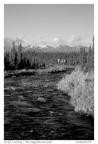 River and cabin, Denali Highway. Alaska, USA (black and white)
