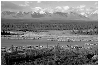 Kettle Lakes, tundra, and mountains. Alaska, USA (black and white)