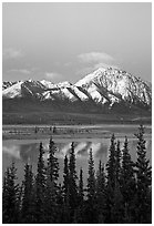 Snowy peaks and lake at dusk. Alaska, USA (black and white)