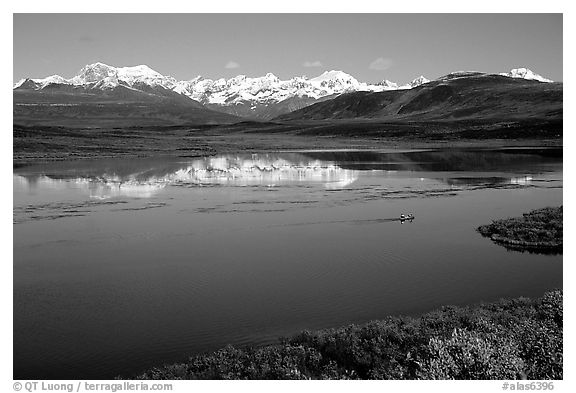 Lake with snowy peaks reflected. Alaska, USA (black and white)