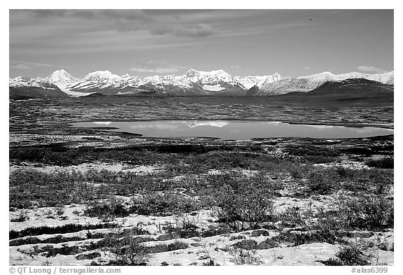 Fresh snow, Lake and mountains. Alaska, USA (black and white)