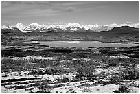 Fresh snow, Lake and mountains. Alaska, USA (black and white)