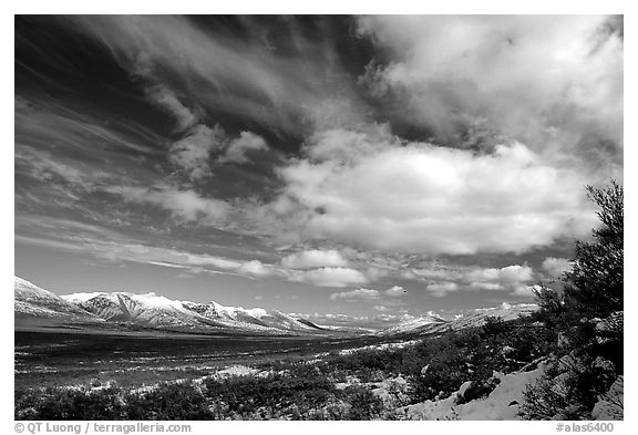 Valley and large white clouds. Alaska, USA (black and white)