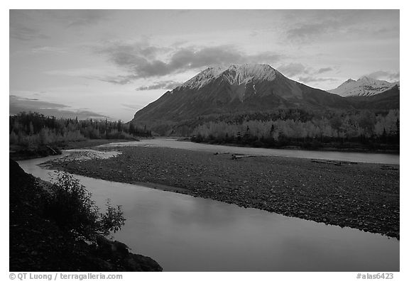 Matanuska River and Chugach mountains at sunset. Alaska, USA (black and white)