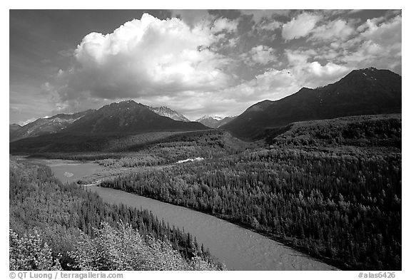 Matanuska River and Chugach mountains in summer, afternoon. Alaska, USA (black and white)