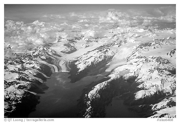 Aerial view of tidewater glaciers in Prince William Sound. Prince William Sound, Alaska, USA (black and white)