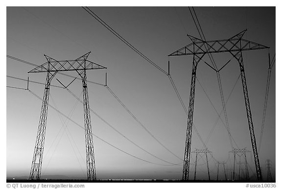 High tension power lines at sunset. California, USA (black and white)
