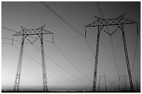 High tension power lines at sunset. California, USA (black and white)