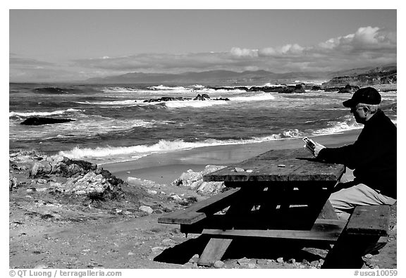 Man reading on a picnic table, Bean Hollow State Beach. San Mateo County, California, USA (black and white)