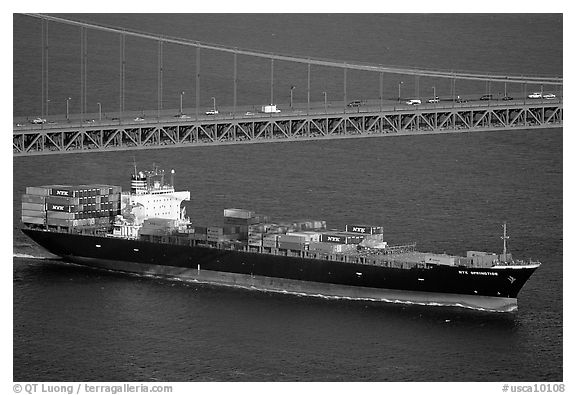 Container ship cruising under the Golden Gate Bridge. San Francisco, California, USA