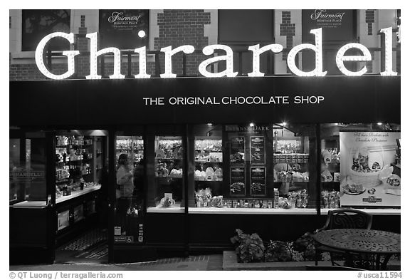 Ghirardelli chocolate store at dusk, Ghirardelli Square. San Francisco, California, USA (black and white)