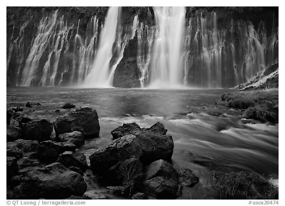 Wide waterfall over basalt, Burney Falls State Park. California, USA (black and white)