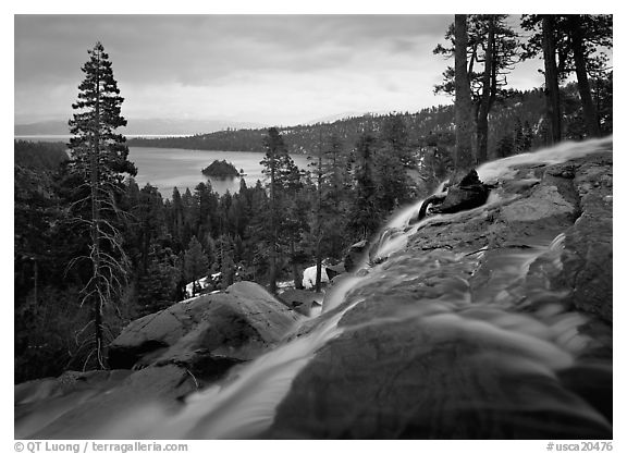 Eagle Falls on a cloudy day, Emerald Bay, California. USA (black and white)