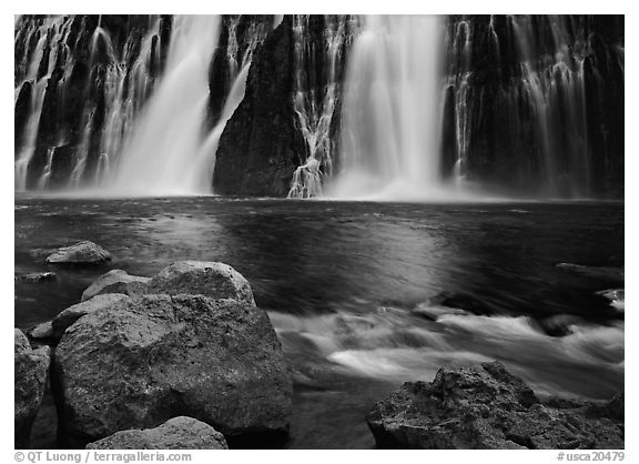Boulders and waterfall, Burney Falls State Park. California, USA (black and white)