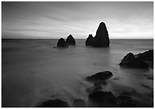 Seastacks and rocks, sunset, Rodeo Beach. California, USA (black and white)