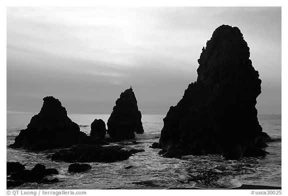 Seastacks, Rodeo Beach, afternoon. California, USA (black and white)