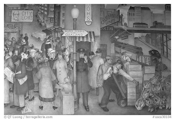 Street scene in depression-area fresco inside Coit Tower. San Francisco, California, USA (black and white)