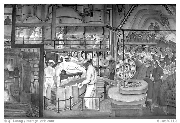 Factory workers depicted in a fresco inside Coit Tower. San Francisco, California, USA (black and white)