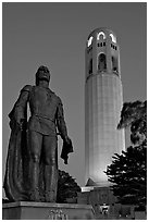 Columbus statue and Coit Tower, dusk. San Francisco, California, USA (black and white)