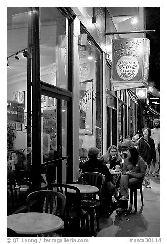 Cafe on Columbus Avenue at night, North Beach. San Francisco, California, USA (black and white)