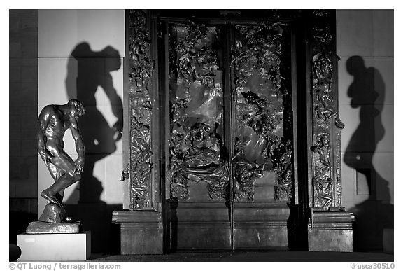 Rodin's monumental Gates of Hell at night. Stanford University, California, USA (black and white)
