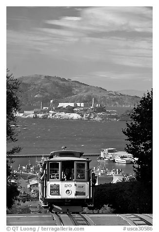 Cable car and Alcatraz Island, late afternoon. San Francisco, California, USA