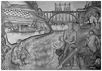 Depression-area fresco showing a dam. San Francisco, California, USA (black and white)