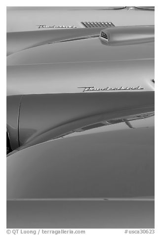 Thunderbird classic cars. Santa Cruz, California, USA (black and white)