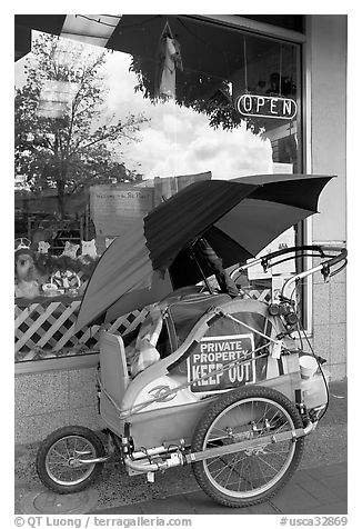 Homeless cart next to a pet store on  Santa Cruz avenue. Menlo Park,  California, USA (black and white)
