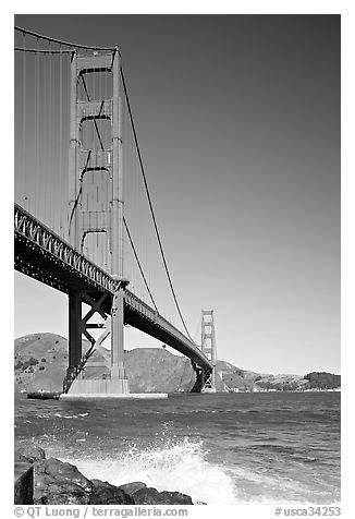 Wave and Golden Gate Bridge. San Francisco, California, USA (black and white)