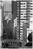 Cable-car, Chinatown, Financial District and Bay Bridge. San Francisco, California, USA ( black and white)