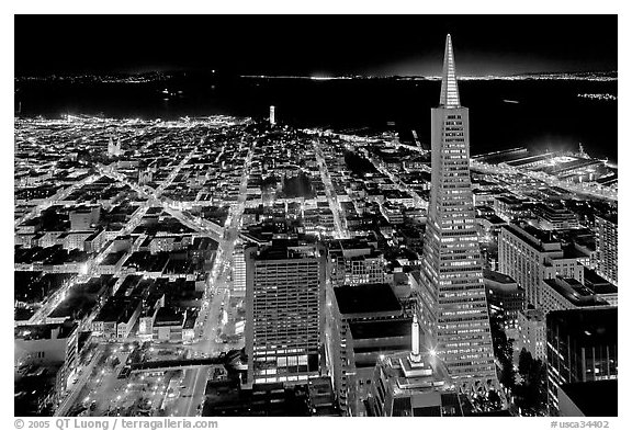 City lights with Transamerica Pyramid. San Francisco, California, USA (black and white)