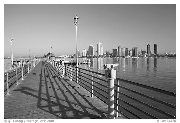 Binoculars, pier, and skyline, Coronado. San Diego, California, USA (black and white)