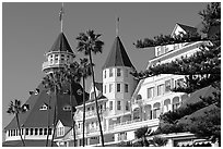 Turrets and towers of Hotel Del Coronado. San Diego, California, USA (black and white)
