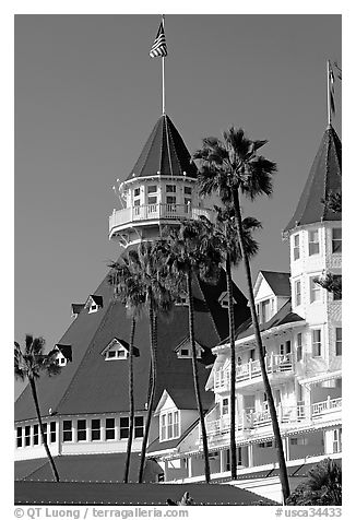 Towers and red roof of Hotel Del Coronado. San Diego, California, USA (black and white)