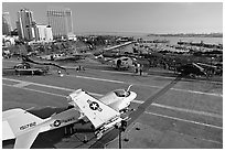 Flight deck and navy aircraft, USS Midway aircraft carrier. San Diego, California, USA ( black and white)