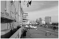 Flight deck and San Diego skyline seen from the USS Midway. San Diego, California, USA ( black and white)