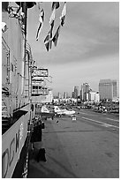 Flight deck seen from the island, San Diego Aircraft  carrier museum. San Diego, California, USA ( black and white)