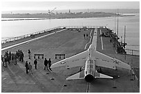 Plane in position at catapult, USS Midway aircraft carrier. San Diego, California, USA ( black and white)