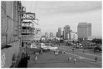 Flight control tower, flight deck, skyline, San Diego Aircraft  carrier museum. San Diego, California, USA ( black and white)