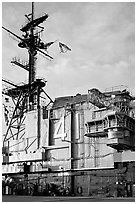 Island superstructure, USS Midway aircraft carrier. San Diego, California, USA (black and white)