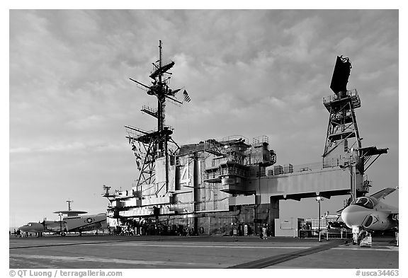 Flight deck and island, USS Midway aircraft carrier, late afternoon. San Diego, California, USA