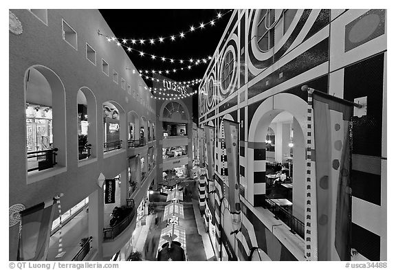 Horton Plaza shopping center, designed by Jon Jerde. San Diego, California, USA (black and white)