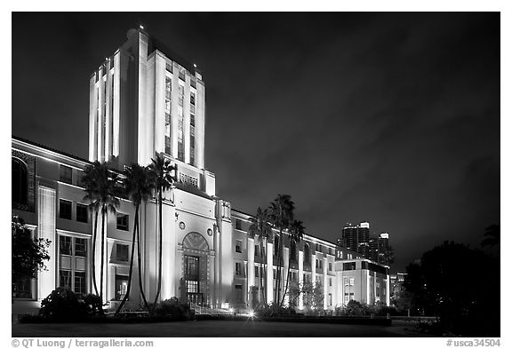 County Administration Center in Art Deco style at night. San Diego, California, USA