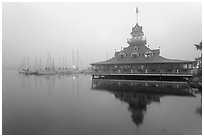 Boathouse and harbor in fog, sunrise, Coronado. San Diego, California, USA ( black and white)